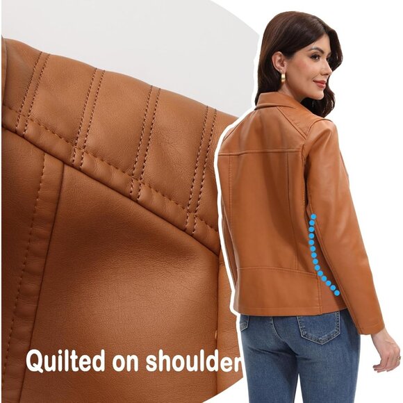 Women Camel Faux Leather Motorcycle Jacket Zip Up Trendy Going Out Coat - Picture 5 of 6